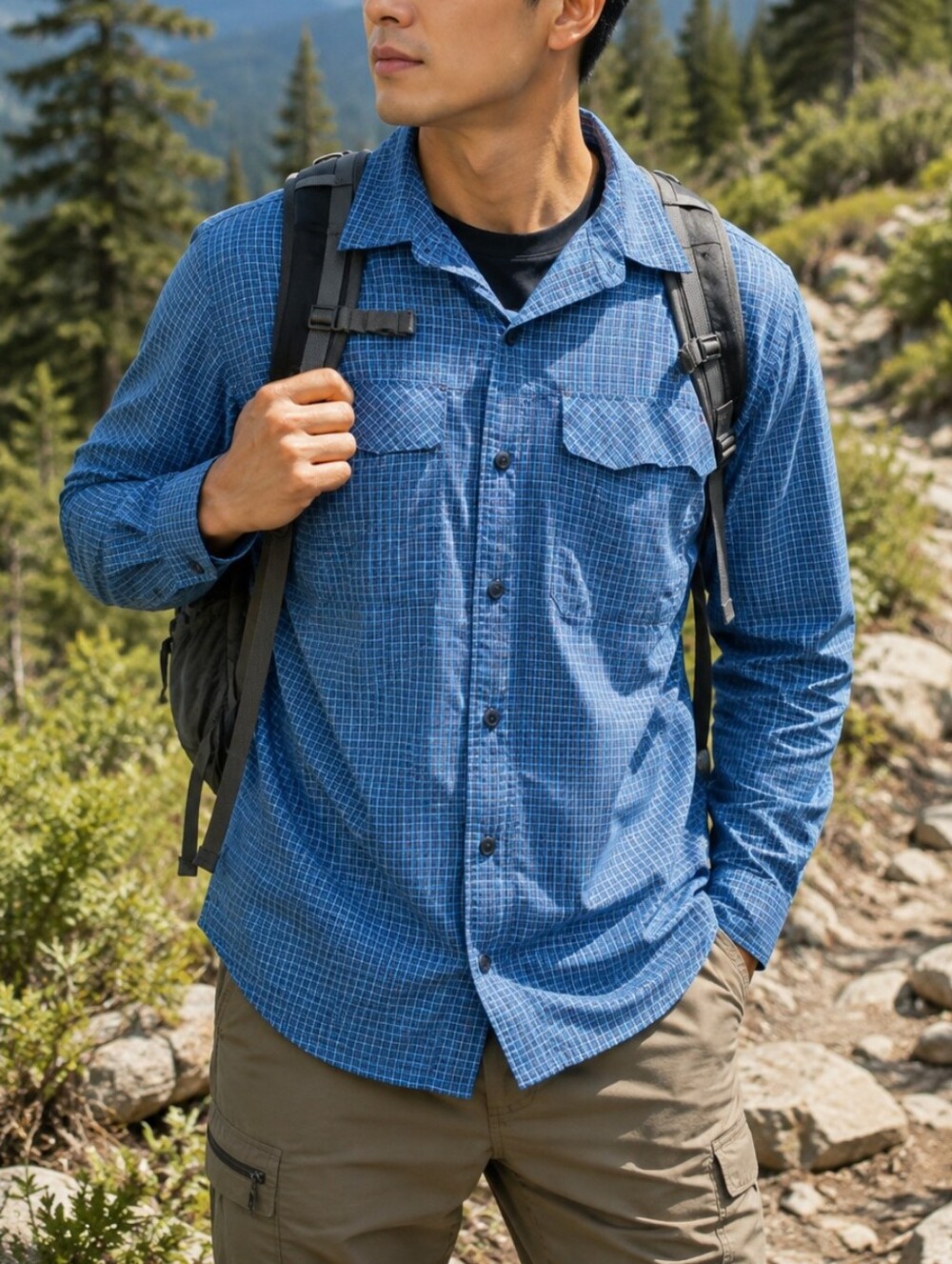 Columbia Blue Check Long Sleeve Outdoor Button-Up Hiking Fishing Performance